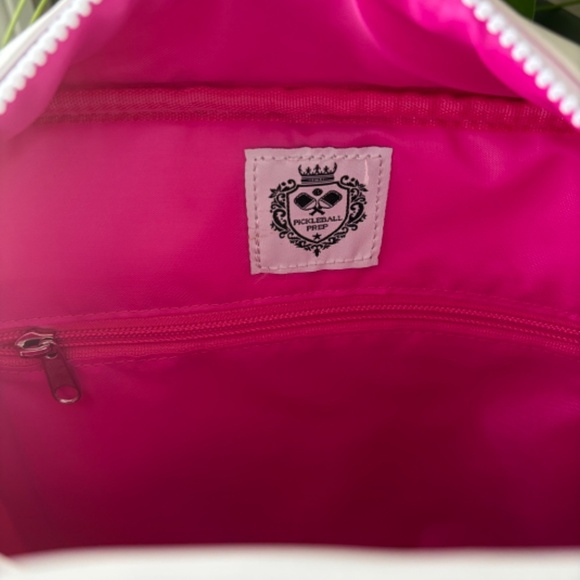 Monaco Vegan Leather Pickleball Sling Backpack, White with Pink Accents - Picture 6 of 8